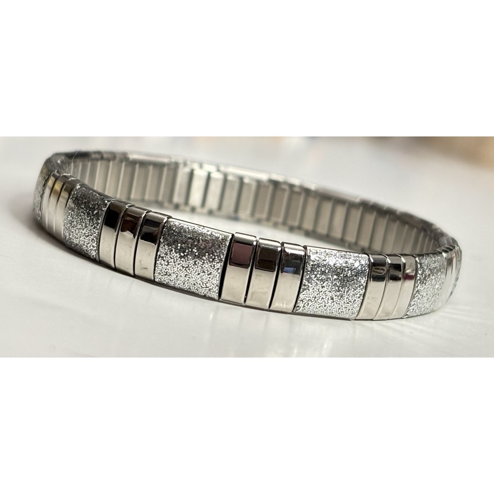 Milor Stainless Steel Silver Tone Glitter Panel Stretch Bracelet 8"